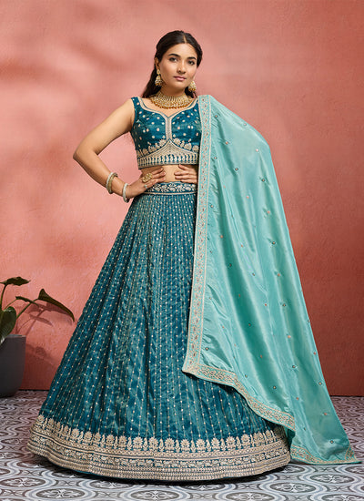 Teal Blue Handwork Embroidery Tissue Silk Lehenga Choli