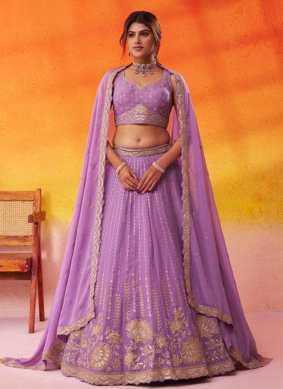 Mauve Purple Handwork Embroidery Tissue Silk Lehenga Choli