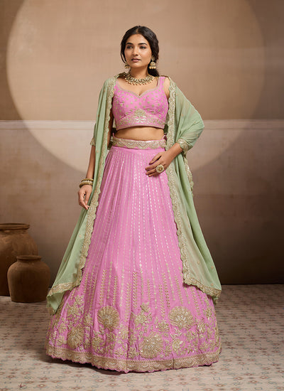 Pink Handwork Embroidery Tissue Silk Lehenga Choli