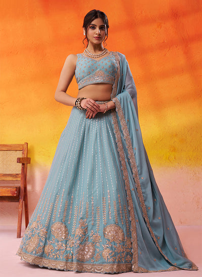 Aqua Green Handwork Embroidery Tissue Silk Lehenga Choli