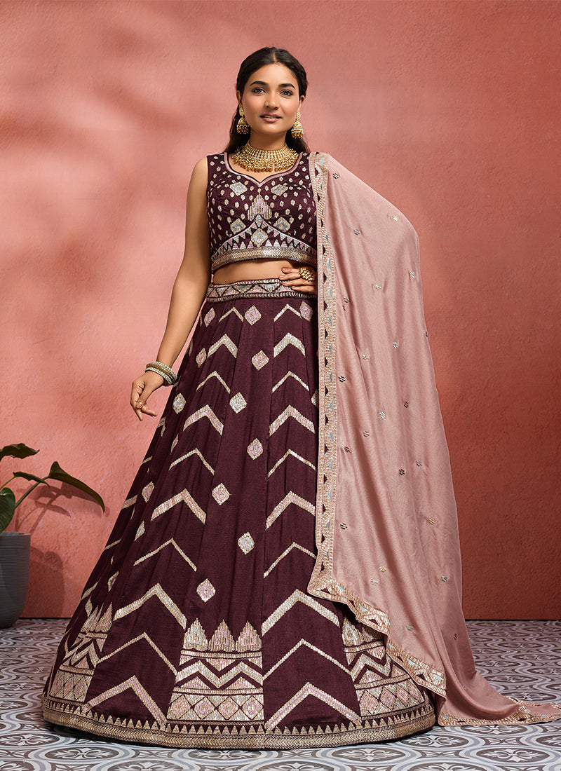 Brown Sequins Embroidery Silk Lehenga Choli