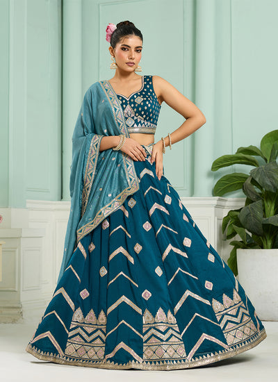 Teal Blue Sequins Embroidery Silk Lehenga Choli