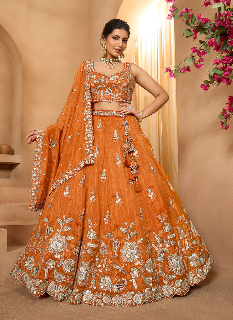Orange Embroidered Tissue Silk Wedding Lehenga Choli