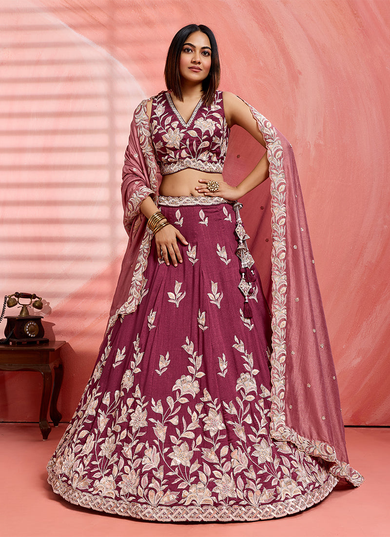 Burgundy Handwork Embroidery Silk Lehenga Choli