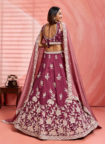 Burgundy Handwork Embroidery Silk Lehenga Choli