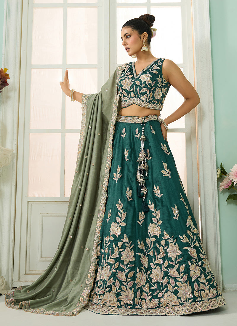 Green Handwork Embroidery Silk Lehenga Choli