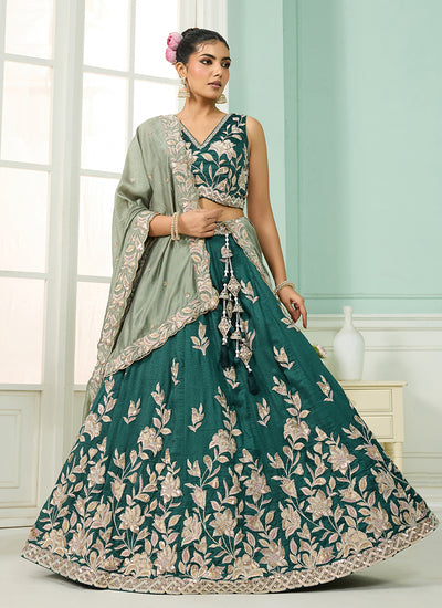 Green Handwork Embroidery Silk Lehenga Choli