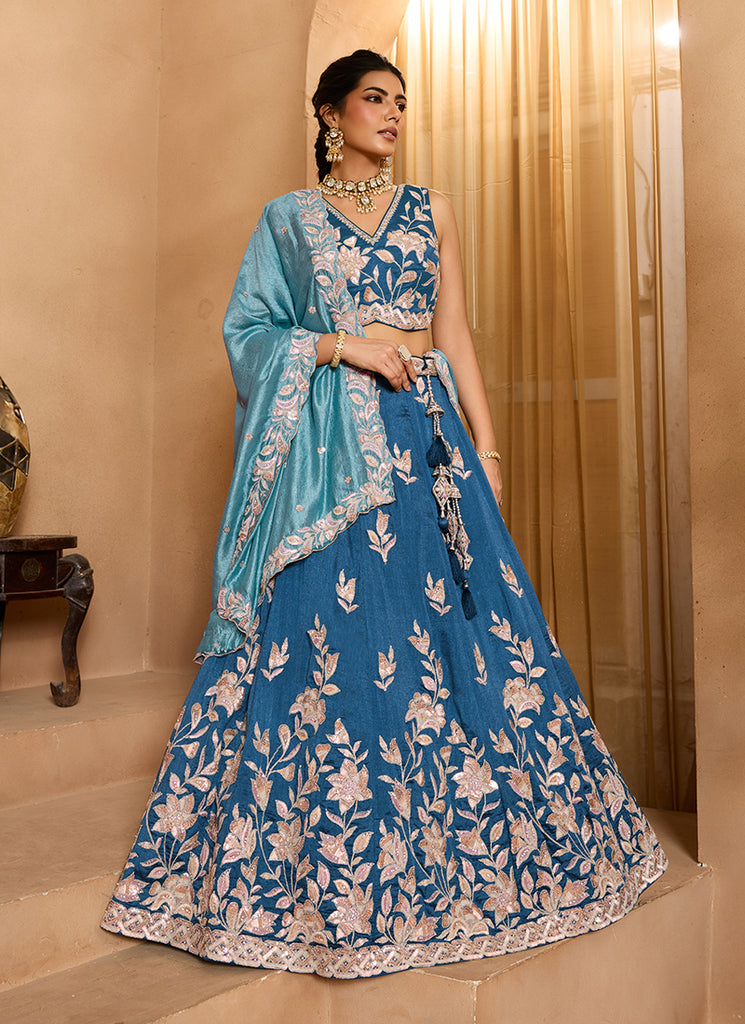 Blue Handwork Embroidery Silk Lehenga Choli