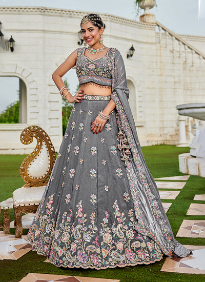 Grey Embroidery Tissue Silk Lehenga Choli