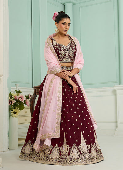 Maroon Sequins Embroidery Organza Lehenga Choli