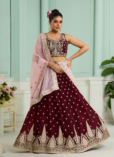 Maroon Sequins Embroidery Organza Lehenga Choli