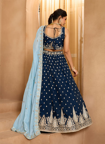Navy Blue Sequins Embroidery Organza Lehenga Choli