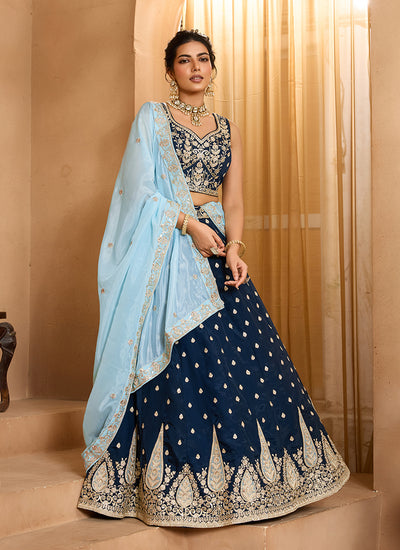 Navy Blue Sequins Embroidery Organza Lehenga Choli