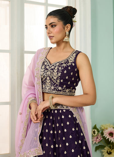 Purple Sequins Embroidery Organza Lehenga Choli