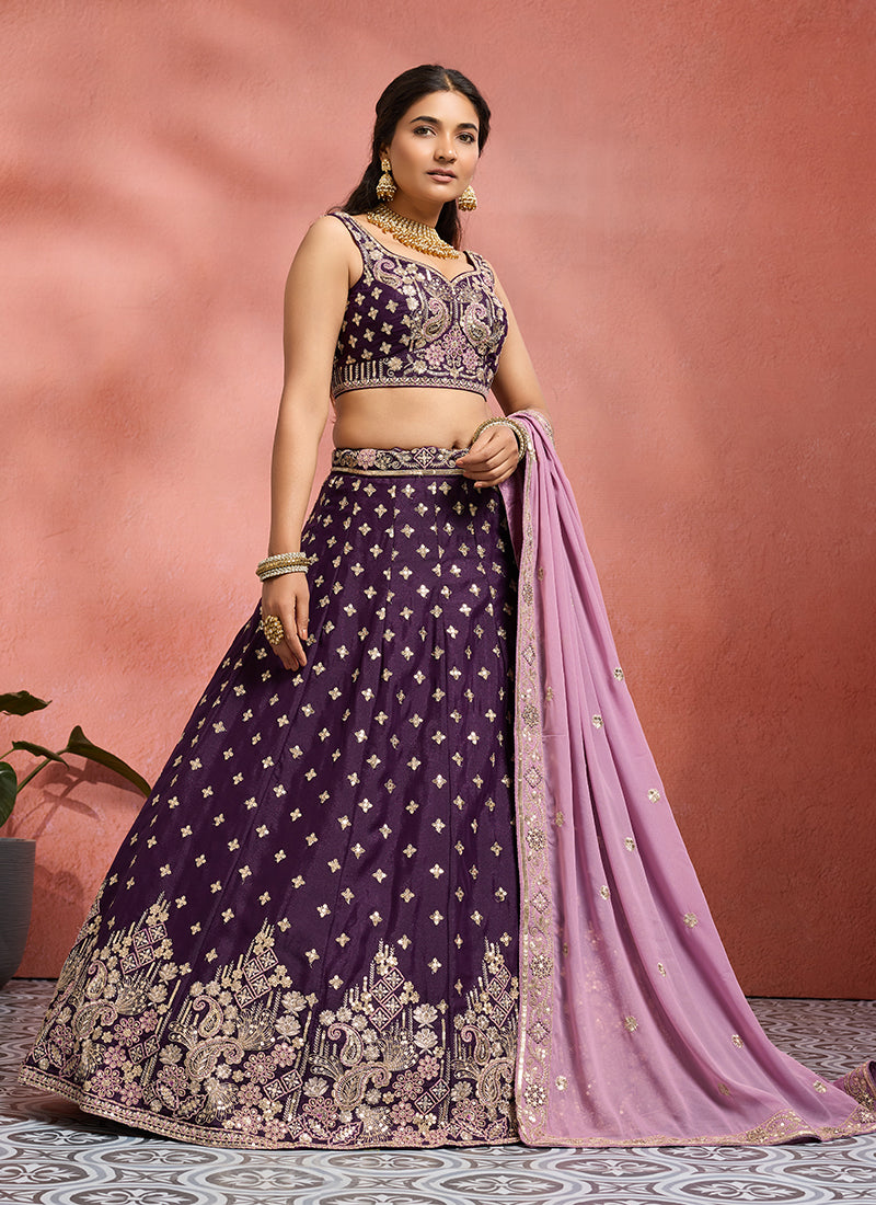 Wine Handwork Embroidery Tissue Silk Lehenga Choli