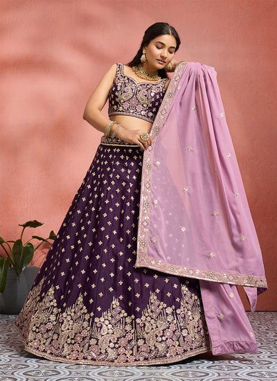 Wine Handwork Embroidery Tissue Silk Lehenga Choli