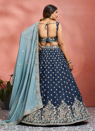 Navy Blue Handwork Embroidery Tissue Silk Lehenga Choli