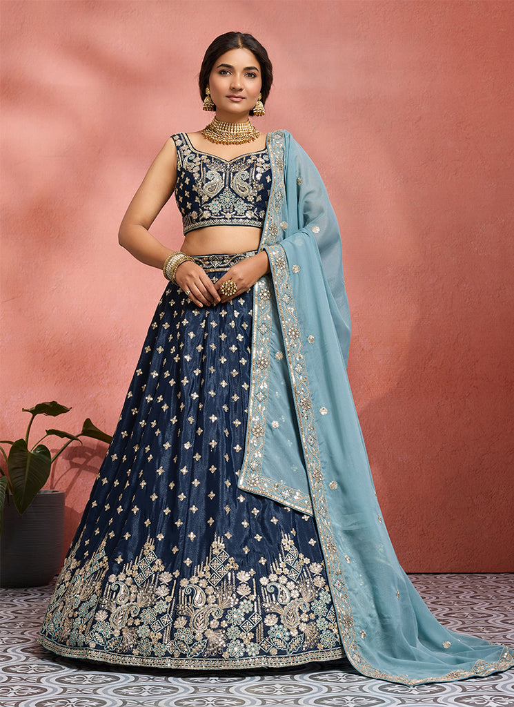 Navy Blue Handwork Embroidery Tissue Silk Lehenga Choli
