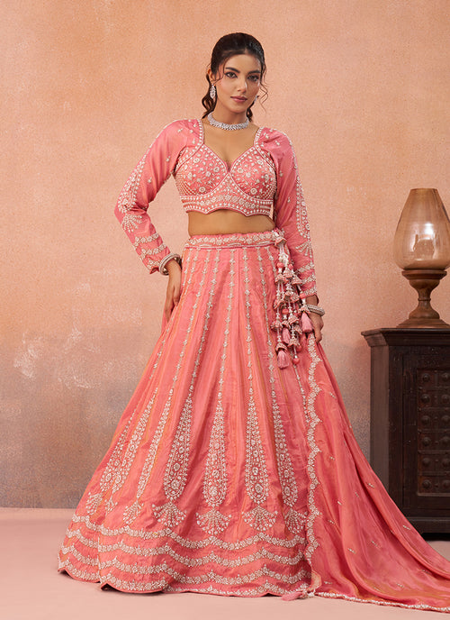 Peach Handwork Embroidered Bridal Lehenga Choli