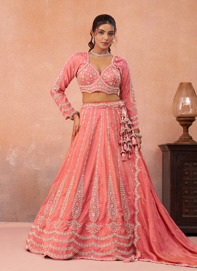 Peach Handwork Embroidered Bridal Lehenga Choli