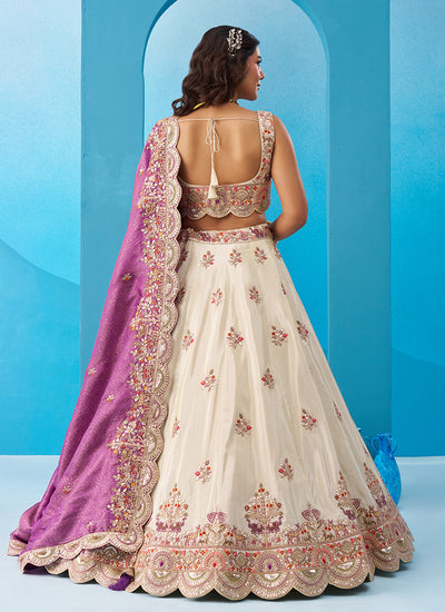 Off White and Purple Designer Embroidery Lehenga Choli