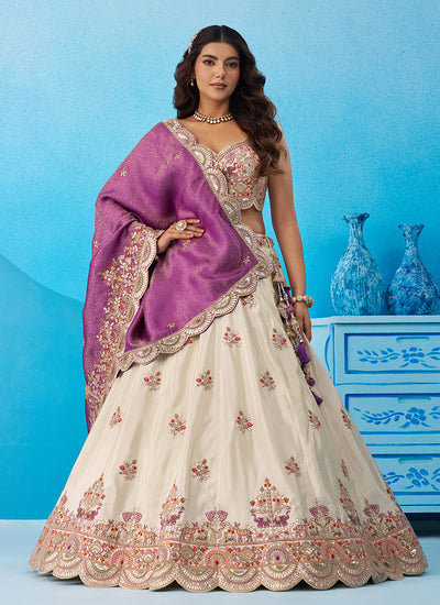 Off White and Purple Designer Embroidery Lehenga Choli