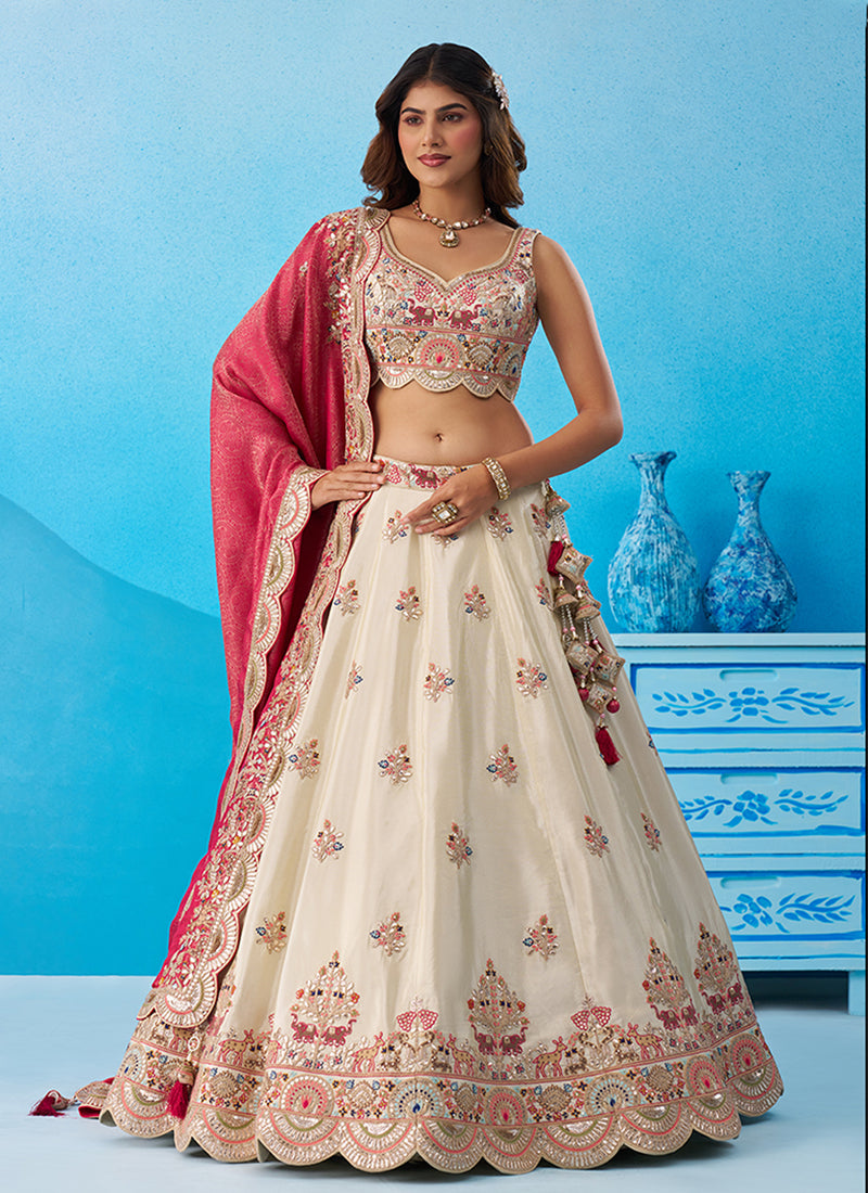 Off White and Pink Designer Embroidery Lehenga Choli