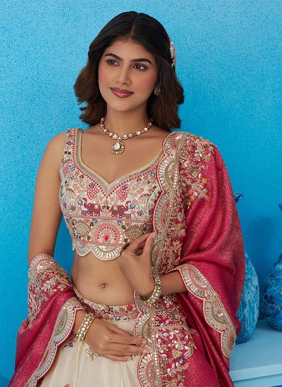 Off White and Pink Designer Embroidery Lehenga Choli