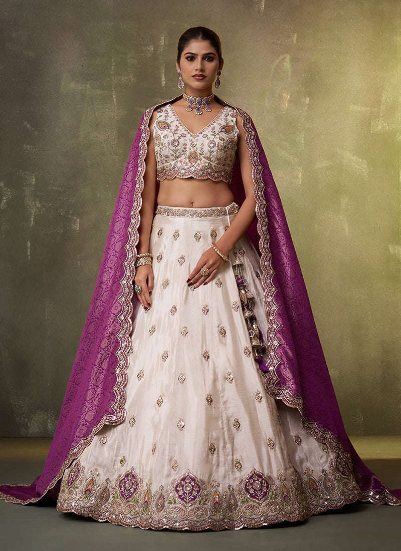 Off White and Purple Embroidery Wedding Lehenga Choli