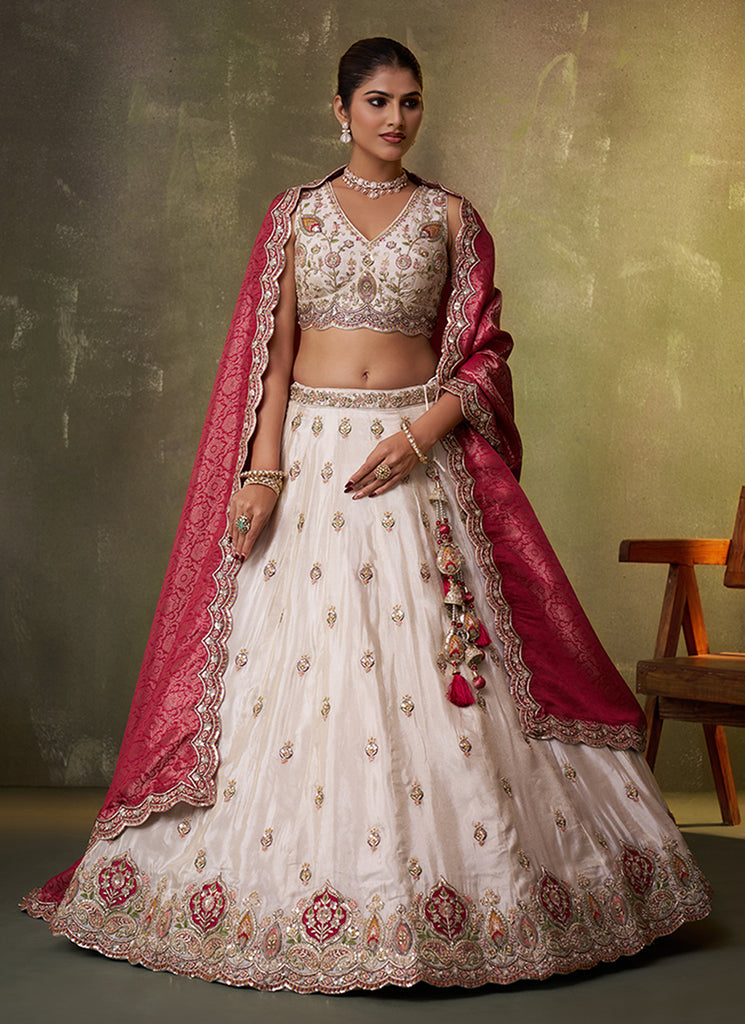 Off White and Maroon Embroidery Wedding Lehenga Choli