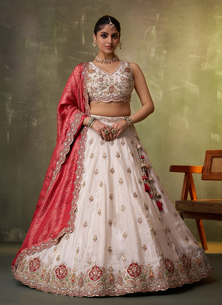 Off White and Red Embroidery Wedding Lehenga Choli