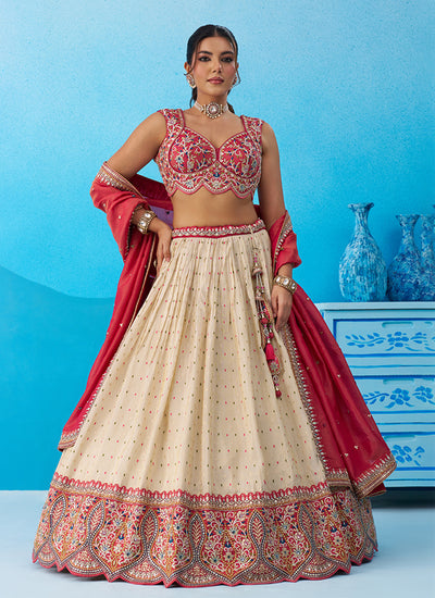 Off White and Maroon Designer Embroidery Lehenga Choli