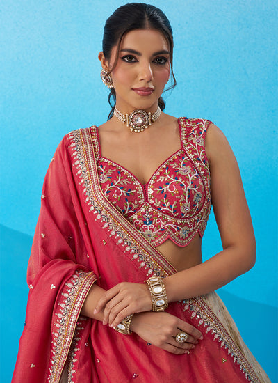 Off White and Maroon Designer Embroidery Lehenga Choli