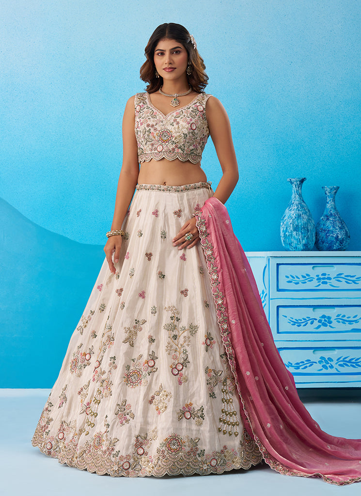 Off White and Pink Handwork Embroidery Bridal Lehenga Choli