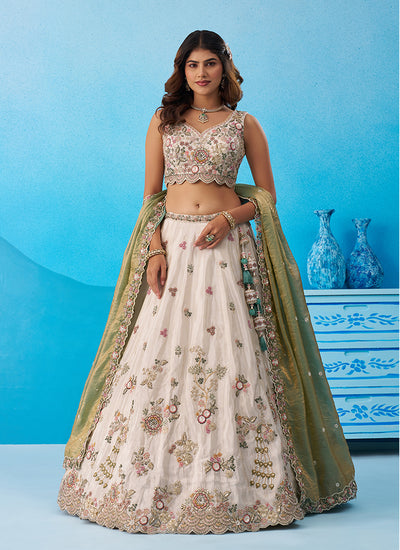 Off White and Green Handwork Embroidery Bridal Lehenga Choli