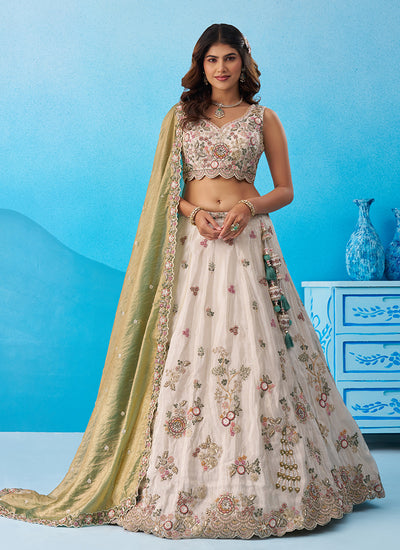 Off White and Green Handwork Embroidery Bridal Lehenga Choli
