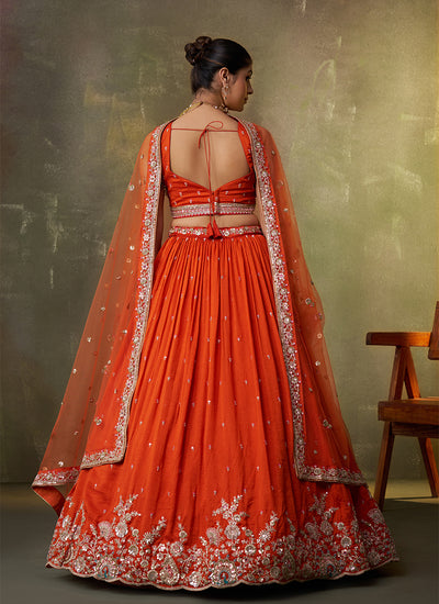 Orange Traditional Embroidery Wedding Lehenga Choli