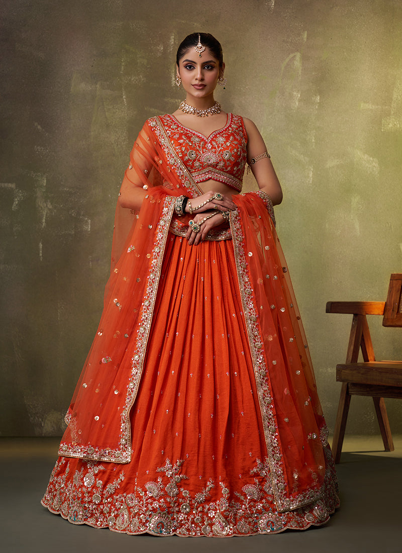 Orange Traditional Embroidery Wedding Lehenga Choli