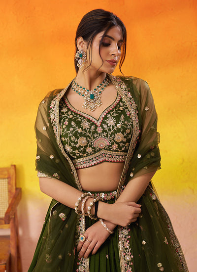 Deep Green Traditional Embroidery Wedding Lehenga Choli