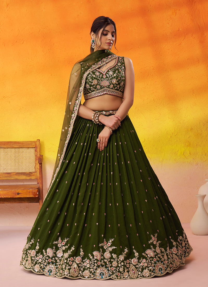 Deep Green Traditional Embroidery Wedding Lehenga Choli