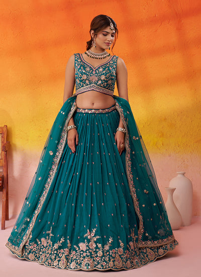 Teal Green Traditional Embroidery Wedding Lehenga Choli