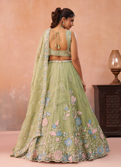 Lime Green Handwork Embroidery Bridal Lehenga Choli