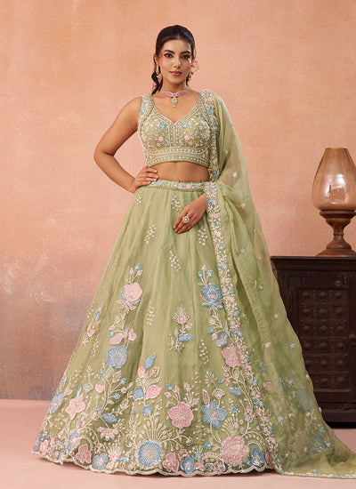 Lime Green Handwork Embroidery Bridal Lehenga Choli