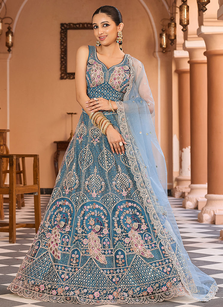 Turquoise Multi Embroidery Bridal Lehenga Choli