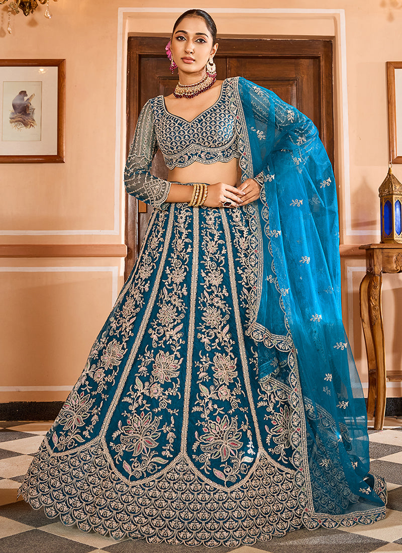 Teal Blue Multi Embroidery Bridal Lehenga Choli