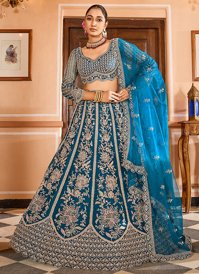 Teal Blue Multi Embroidery Bridal Lehenga Choli