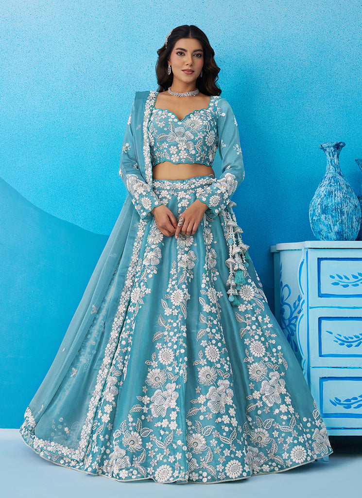 Sky Blue Handwork Embroidery Bridal Lehenga Choli