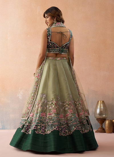 Green Embroidered Net Lehenga Choli