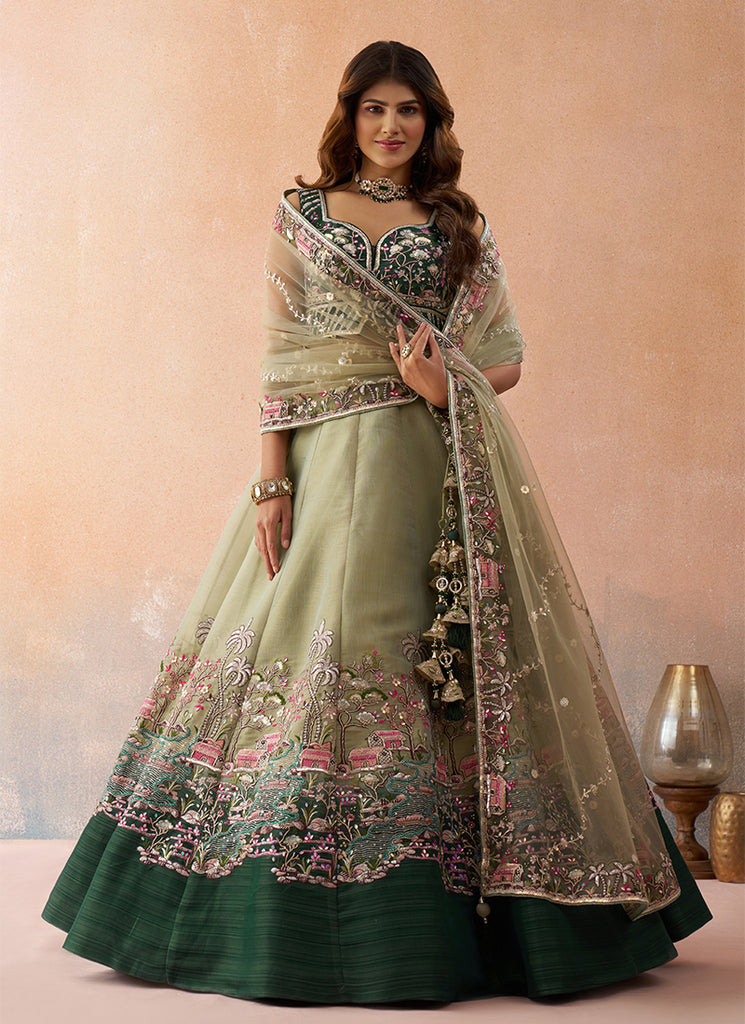 Green Embroidered Net Lehenga Choli