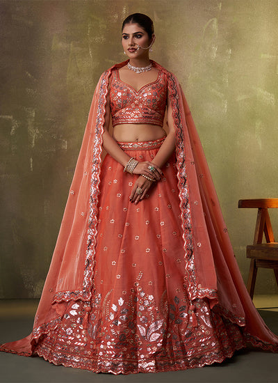 Orange Designer Embroidery Partywear Lehenga Choli
